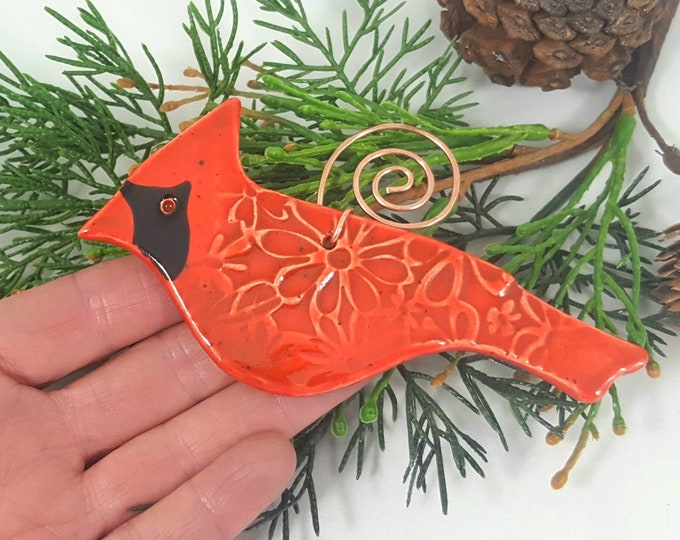 Cardinal bird ornament, ceramic bird ornament, bird Christmas tree ornament, red bird , gift bird lover, pottery anniversary, valentine