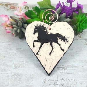Prancing horse sgraffito pottery heart, black and white ceramic horse, heart ornament, horse wall pottery, horse lover, pottery anniversary