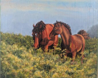 12" x 12", "Morning Light on Mare and Foal ", chestnut mare with foal, original acrylic horse painting 1.5" wrapped canvas,horse lover