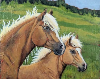 8" x 8", "Looking Ahead", original acrylic painting 1.5" wrapped canvas, palomino mare and foal