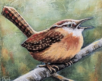 6" x 6", "Wren's Song"", original acrylic painting on 1.5" wrapped canvas, original Carolina wren bird painting, bird lover, birder gift