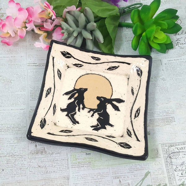 Moon gazing hares or rabbits sgraffito dish, rabbit pottery bowl, bunny bowl, hare or rabbit pottery,bunny rabbit lover, pottery anniversary