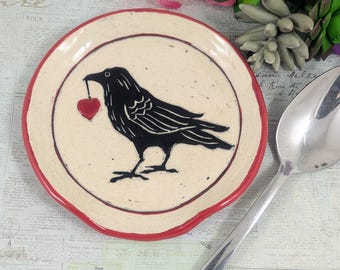 Crow or raven with heart spoon rest, sgraffito crow spoon rest, black and white spoon rest, crow pottery,  bird lover, pottery anniversary