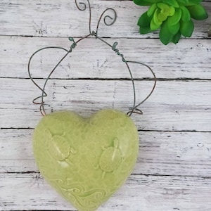 May include: A green ceramic heart-shaped planter with a wire hanger. The planter has a textured surface with a design of sea turtles.