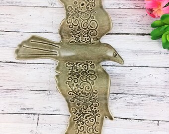 Grey bird ceramic wall sculpture, grey crow wall sculpture, gift for bird lover, bird pottery anniversary gift