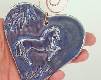 Sale now 50% off, slight crack, pottery horse heart ornament, clay horse ornament, ceramic horse wall art, pottery anniversary