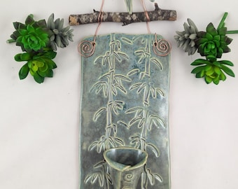 Bamboo trees green ceramic wall hanging tile with bud vase, garden art, pottery anniversary