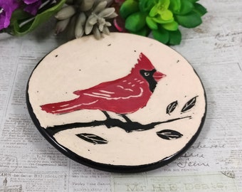 Cardinal bird red, black white ceramic dish, pottery bird, cardinal dish, sgraffito bird pottery bowl, bird lover gift, pottery anniversary