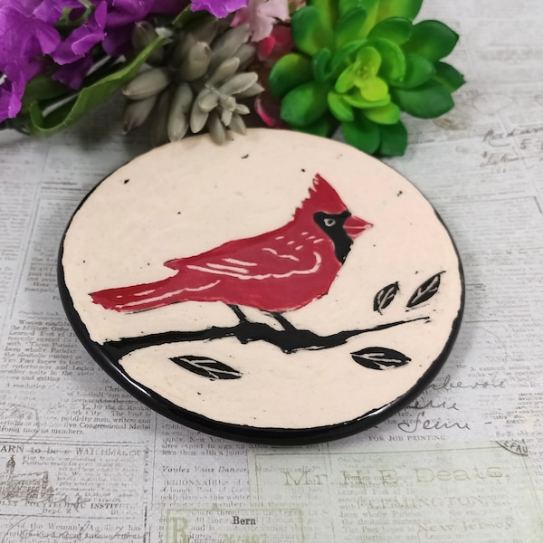 Cardinal bird red, black white ceramic dish, pottery bird, cardinal dish, sgraffito bird pottery bowl, bird lover gift, pottery anniversary