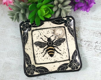 Beautiful bee sgraffito pottery dish,  jewelry dish,  black and white pottery, bee ceramic bowl, bee lover gift, pottery anniversary