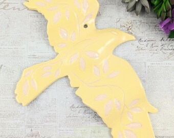 Yellow flying bird ceramic wall sculpture, yellow and white flying bird wall art, sgraffito bird sculpture, bird lover,  pottery anniversary