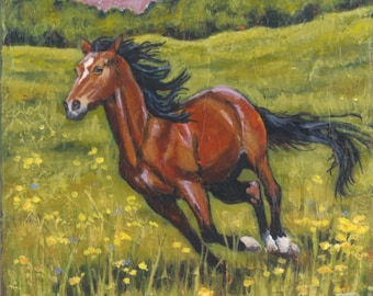 8 x 8 "Free as the Breeze", bay horse galloping in field, original acrylic painting on 1.5" wrapped canvas, horse paintings, horse lover