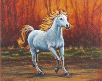 8 x 8 "Homeward at Days' End", white horse in sunset, original acrylic painting on 1.5" wrapped canvas, horse paintings, horse lover