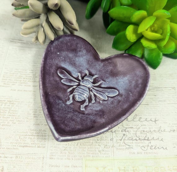 Purple Bee Ceramic Heart Bowl, Bee Wedding Ring Dish, Clay Animal