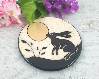 Moon gazing hare or rabbit sgraffito dish, rabbit pottery bowl, bunny bowl, hare or rabbit pottery,bunny rabbit lover, pottery anniversary