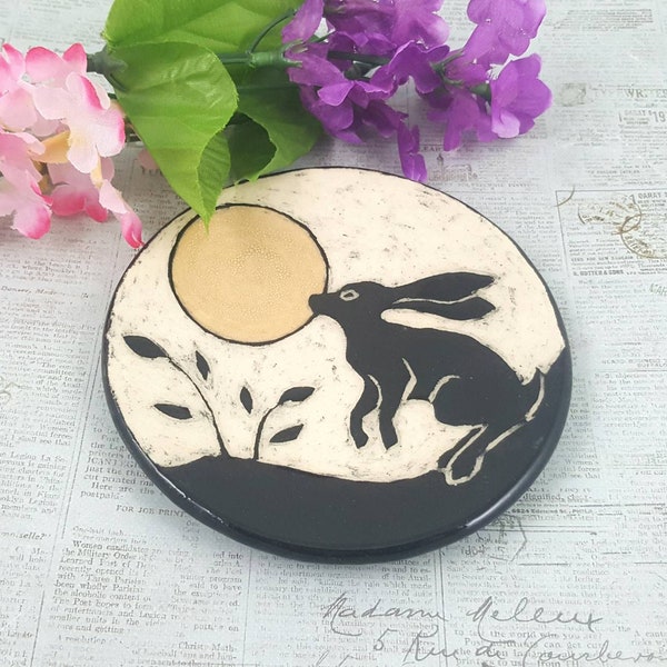 Moon gazing hare or rabbit sgraffito dish, rabbit pottery bowl, bunny bowl, hare or rabbit pottery,bunny rabbit lover, pottery anniversary