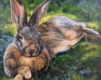 12" x 12", "Ever Watchful Sun Dappled Rabbit ", original acrylic painting 1.5" wrapped canvas, animal lover