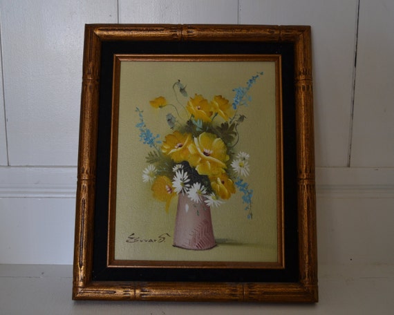 Vintage Oil Painting Artistic Interiors Inc Certified Original Oil 192124 Floral Yellow Flowers Daisies Cottage Wall Hanging Framed Picture