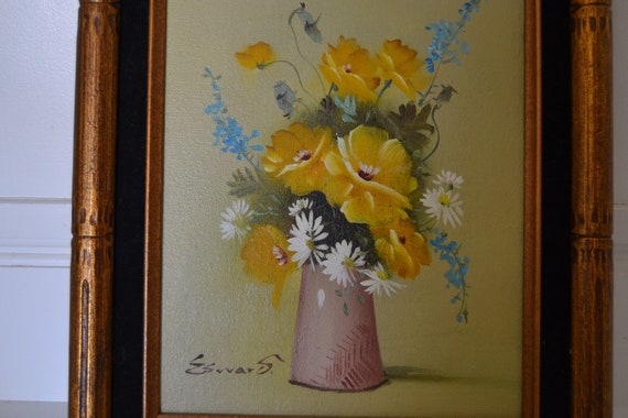 Vintage Oil Painting Artistic Interiors Inc Certified Original Oil 192124 Floral Yellow Flowers Daisies Cottage Wall Hanging Framed Picture