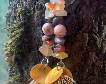 Carnelian, Agates, Mixed Healing Stone Shell and Feather Earrings