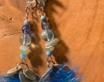 Blue Turquoise Healing Stone Feather Shell Earrings that Glow in the Dark