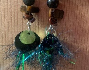 Green Healing Stone and Shell Feather Earrings