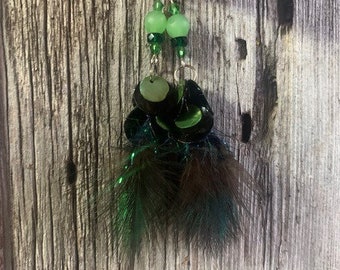 Green Glass Bead and Shell Feather Earrings