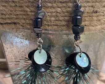 Hematite Healing Stone and Shell Feather Earrings