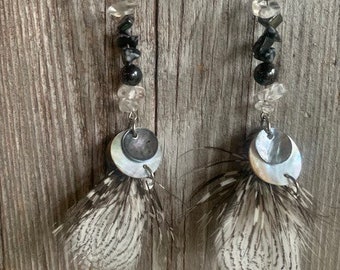 Hematite, Snowflake Obsidian, Quartz Healing Stone and Shell Feather Earrings