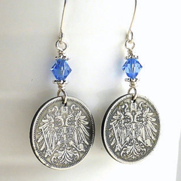 Antique earrings, Austrian coin earrings, Coin jewelry, Antique jewelry, Swarovski earrings, Sapphire crystals, September birthstone, Coins