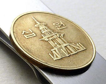 Korean coin money clip, Pagoda Buddhist Temple, Oriental, Asian, Men's wallet, Men's accessory, Money clips, Men's gift, Coin, Money, Wallet