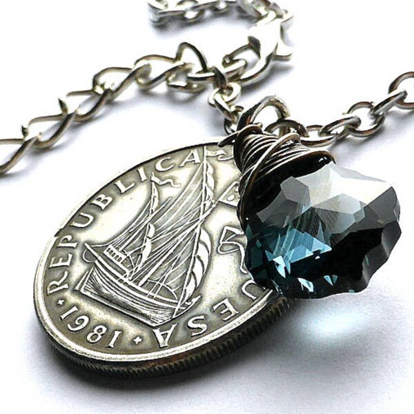 Portugal, Coin necklace, Nautical necklace, Sailing necklace, Coin jewelry, Ship necklace, Aquamarine, March birthstone, 1981