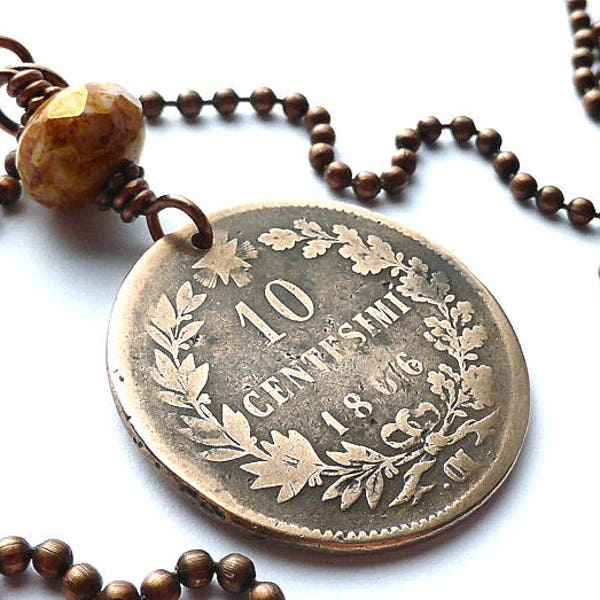 Antique Italian coin necklace, Antique necklace, Boho jewelry, Copper necklace, Antique jewelry, Gypsy necklace, Italy, Pendant, Coin, 1866