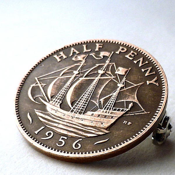 British coin brooch, Nautical brooch, Sailing, Ships, Boats, England, UK, 1956, Coin jewelry, Coin pin, Accessories, Brooches, Pins, Coins