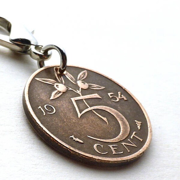 Zipper charm, Netherlands, Holland, Purse charm, Handbag charm, Dutch charm, Coins, Clothing accessory, Women's accessory, Zipper pull, 1954