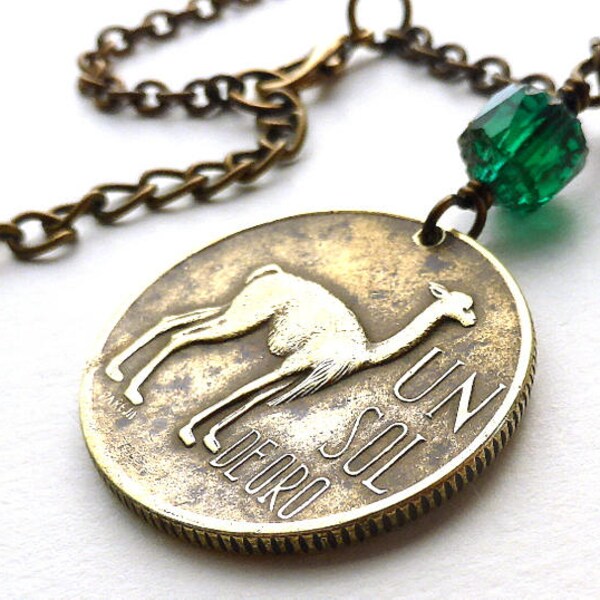 Peru, Coin necklace, Coin jewelry, 1971, Vicuna, Animals, Andes, Animal necklace, Emerald beads, Czech glass beads, Animal jewelry, Coins