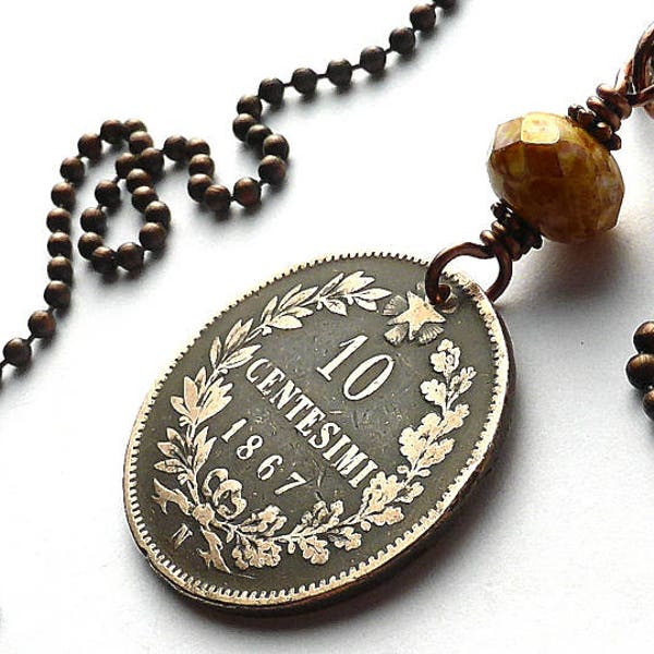 Antique Italian coin necklace, Antique necklace, Boho jewelry, Copper necklace, Antique jewelry, Gypsy necklace, Italy, Pendant, Coin, 1867