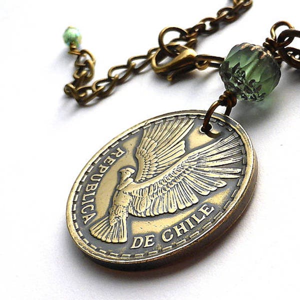 Chilean necklace, Coin necklace, Bird necklace, Animal necklace, Condor, Forest green, Czech glass bead, Coin jewelry, Chilean coin, 1970