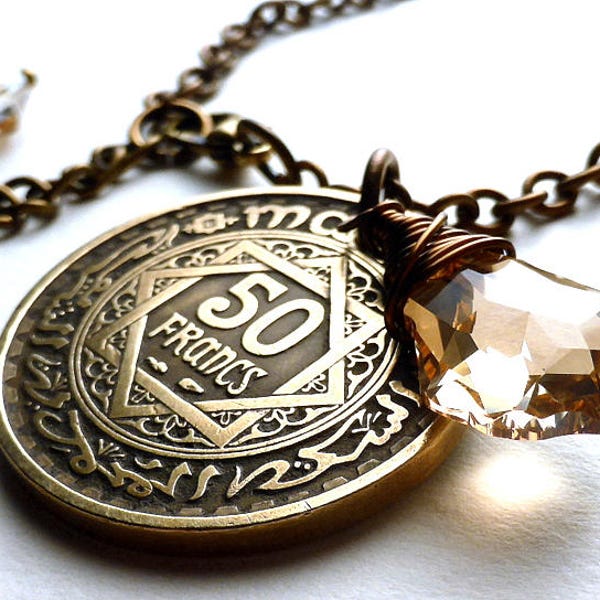 Moroccan coin necklace, Coin jewelry, 1952, Swarovski necklace, Golden shadow crystal, Coin pendant, Coins, Arabian, Necklaces, Jewelry