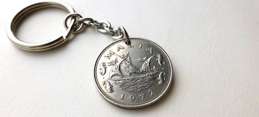 Malta Coin Keychain 1972 Nautical Keychain Ships Sailing | Etsy