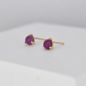 May include: A pair of gold stud earrings with small, round, purple gemstones.