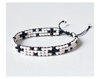 Glass beaded loom bracelet // black and white mudcloth pattern (adjustable)
