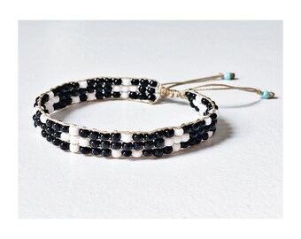 Beaded loom bracelet // black and white reversed mudcloth pattern (adjustable)