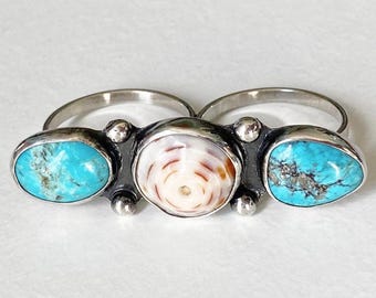 Puka shell and turquoise double ring // sizes 8 and 8.75