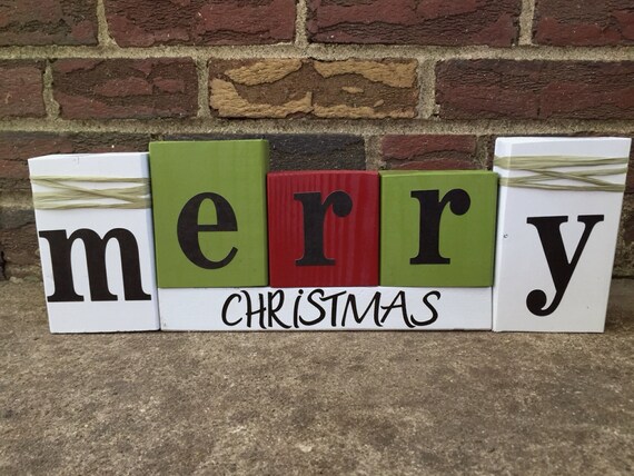 Christmas Wood Word Blocks For Home Decor Merry Etsy