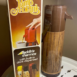 Vintage thermos / Aladdin pump a drink thermos / 1970s