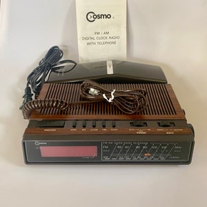 Vintage 1970s/1980s / brown faux wood grain Cosmo digital telephone / alarm clock / am/fm radio / corded landline telephone/ retro telephone image 1