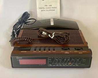 Vintage 1970s/1980s / brown faux wood grain Cosmo digital telephone / alarm clock / am/fm radio / corded landline telephone/ retro telephone