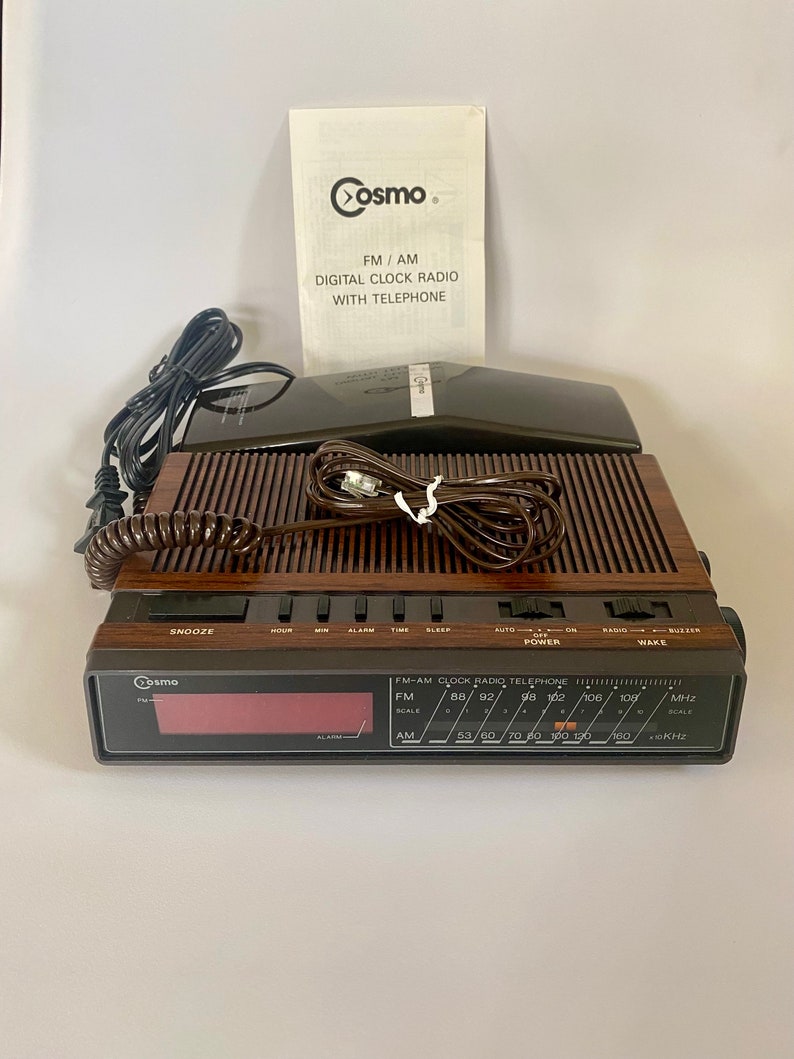 Vintage 1970s/1980s / brown faux wood grain Cosmo digital telephone / alarm clock / am/fm radio / corded landline telephone/ retro telephone image 1