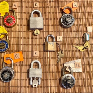 May include: A collection of ten combination locks with various colors and designs. The locks are arranged in a grid pattern on a brown woven surface. The locks are labeled with letters and numbers.